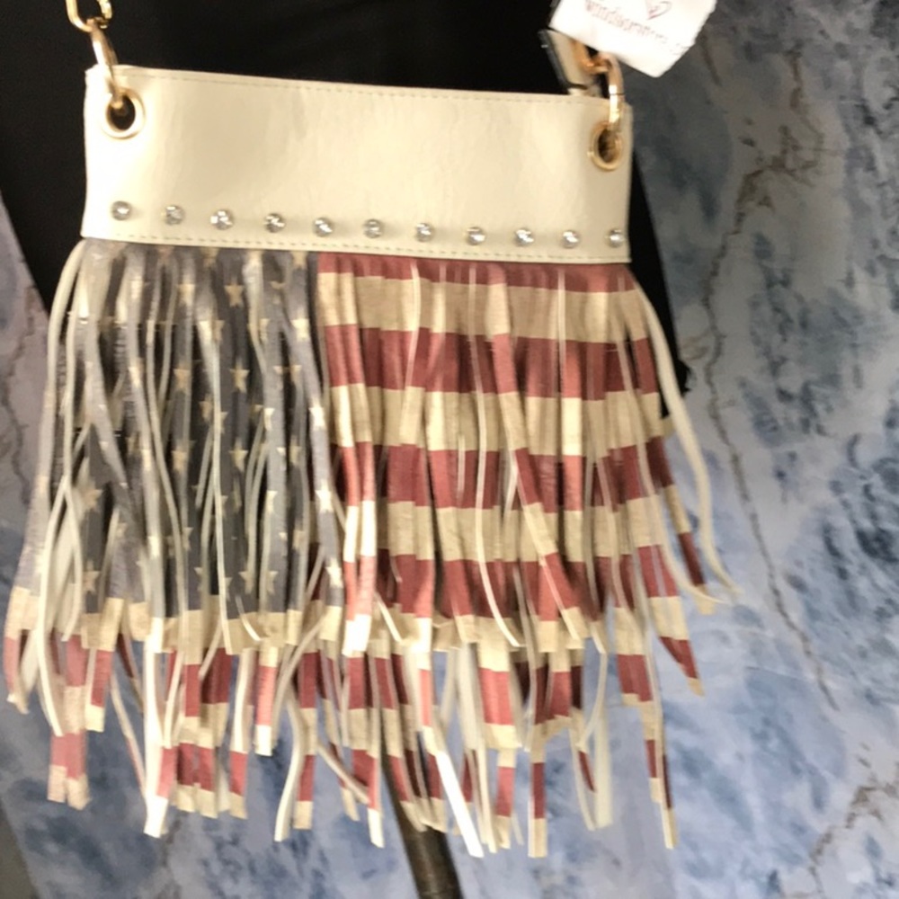 NWT Americana red white blue purse fringes vegan leather zipper compartments - Picture 1 of 12